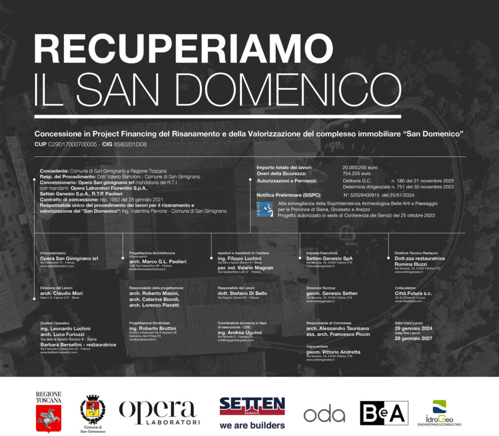 Infografica ufficiale del progetto 'Recuperiamo il San Domenico' con elenco partner, costi dell'opera e cronoprogramma dei lavori